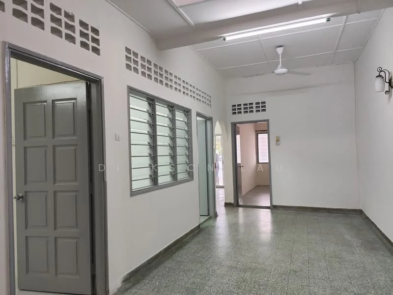 Room features: grey painted walls, tile flooring, ceiling fan, wall-mounted sconce, door with panel design, window with horizontal slats, light grey trim around doors and windows, open layout; style: minimalist.