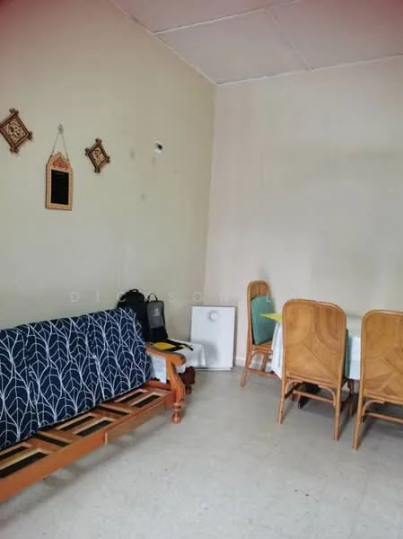 Dining features: wooden dining table, 4 upholstered dining chairs, white tablecloth, sofa with blue fabric, decorative wall hangings, light-colored walls, tile flooring, refrigerator, black bag, wooden bench.