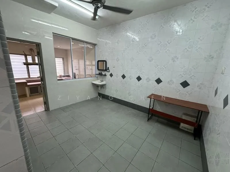 Laundry features: grey tiled flooring, white painted walls with decorative tiles, ceiling fan, sink with wall-mounted mirror, wooden bench, window with blinds, light fixture, corner shelving.