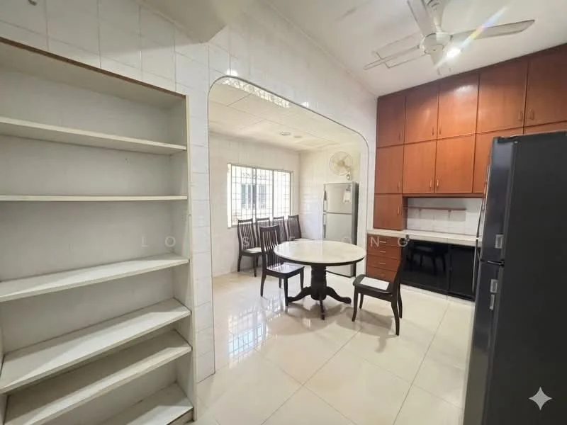 Kitchen features: white tiled walls, glossy white ceiling, recessed downlights, ceiling fan, marble dining table, wooden dining chairs, built-in wooden cabinets, black countertop, stainless-steel fridge, open shelving, window with grid pattern, tile flooring; style: modern.