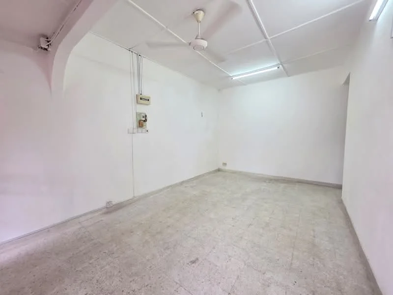Room features: white painted walls, ceiling fan, fluorescent lighting, tile flooring, no visible furniture, empty space; style: minimalist.