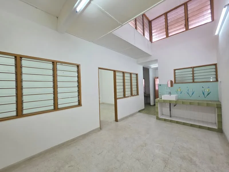 Room features: white painted walls, light-colored flooring, sliding louvered windows, green tiled backsplash, sink with faucet, open layout, high ceiling, natural light from windows; style: modern.