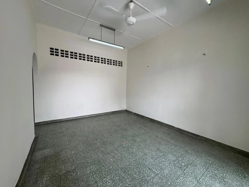 Room features: grey speckled floor tiles, white painted walls, ceiling fan, fluorescent ceiling light, window with ventilation blocks; style: minimalist.