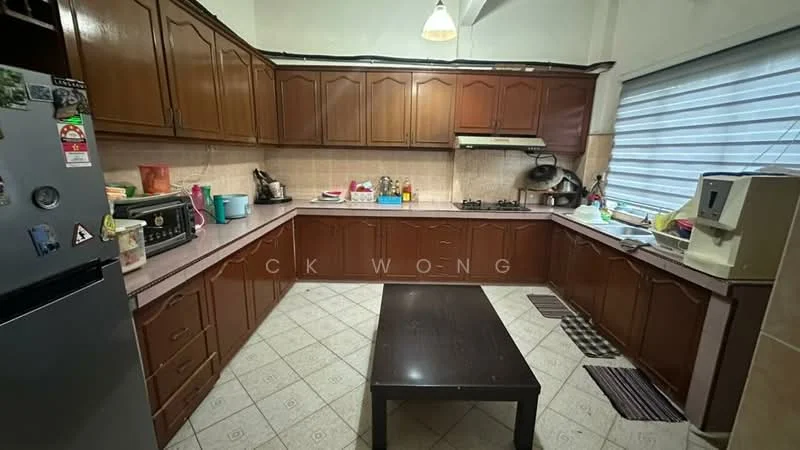 Kitchen features: brown wooden cabinetry, laminate countertop, double-bowl stainless-steel sink, chrome pull-down faucet, built-in gas hob, exhaust hood, microwave, refrigerator, tile flooring, window with blinds, pendant light, kitchen island, decorative wall tiles; style: traditional.