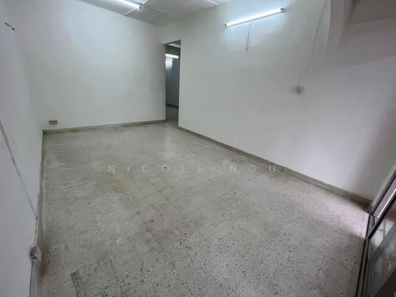 Room features: white painted walls, plain ceiling, tile flooring, fluorescent lighting, no visible furniture, empty space; style: minimalist.