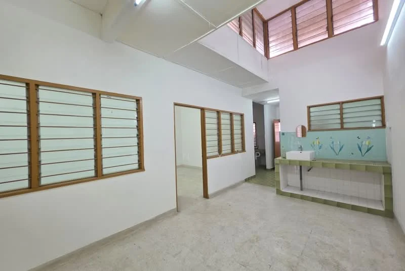 Room features: white painted walls, tile flooring, large windows with wooden frames, green tiled backsplash, sink with faucet, open layout, high ceiling, natural light from windows; style: modern.