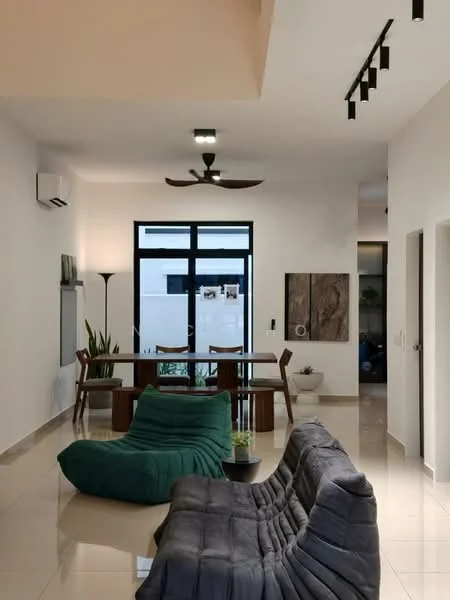 Living features: grey fabric sofa, green bean bag chair, wooden dining table, 4 wooden dining chairs, recessed LED downlights, ceiling fan with 3 blades, wall-mounted air conditioning unit, large glass sliding door, white painted walls, glossy tile flooring, decorative wall art, potted plant; style: modern.