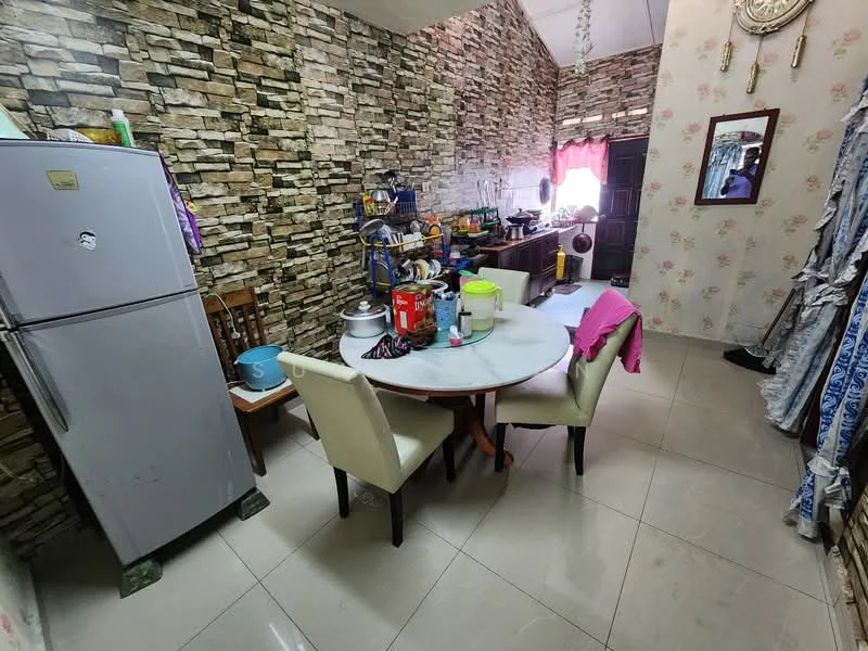 Dining features: round dining table, 4 upholstered dining chairs, refrigerator, stone accent wall, cream painted walls, tile flooring, mirror on wall, window with sheer curtains, kitchen utensils on shelves, decorative wall clock; style: modern.