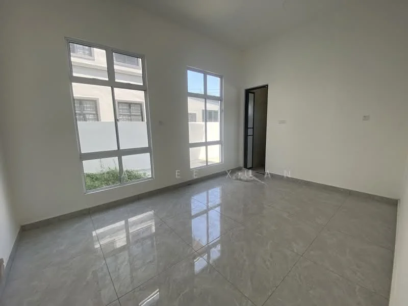 Room features: white painted walls, grey tiled flooring, floor-to-ceiling windows, sliding glass door, natural light from windows, minimalist design, no visible furniture, clean lines; style: modern; view: garden.