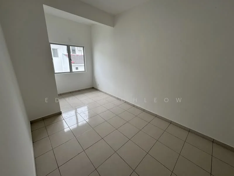 Room features: white painted walls, glossy ceramic tile flooring, single window, natural light, neutral color scheme.