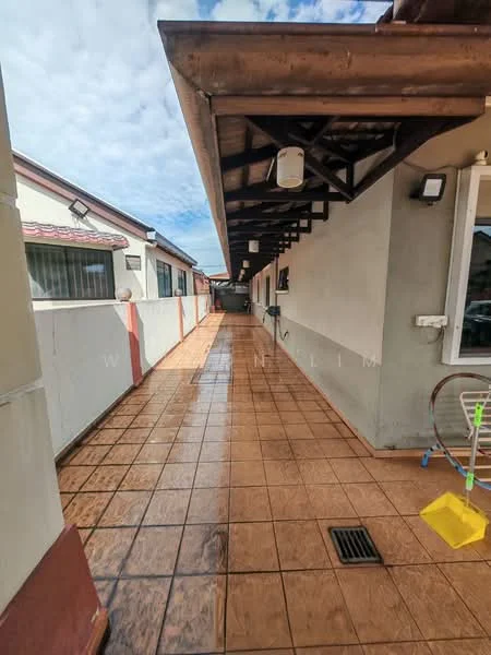 Exterior type: linked terrace house; features: tiled walkway, covered roof with exposed beams, white painted walls, windows with grills, outdoor lighting fixtures, drainage grate, laundry drying rack, side access pathway; style: modern.