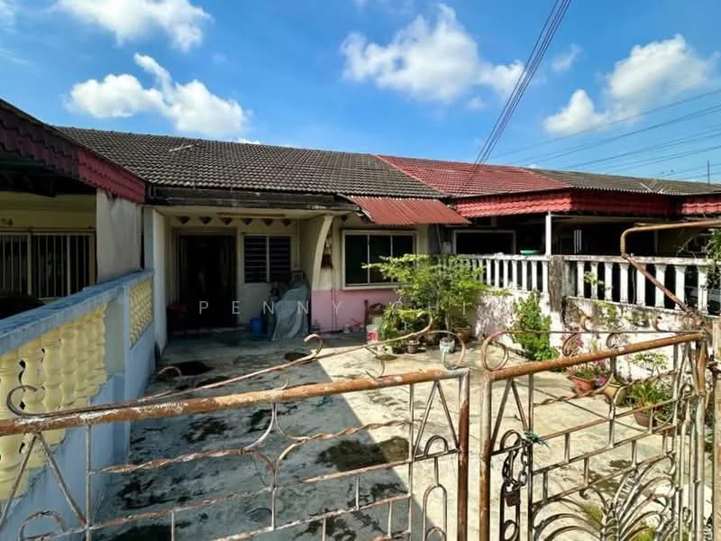 Exterior type: linked terrace house; features: red tiled roof, cream painted facade, front porch area, metal gate, concrete walkway, garden area with plants, fenced perimeter, single-storey, surrounded by greenery; style: traditional.