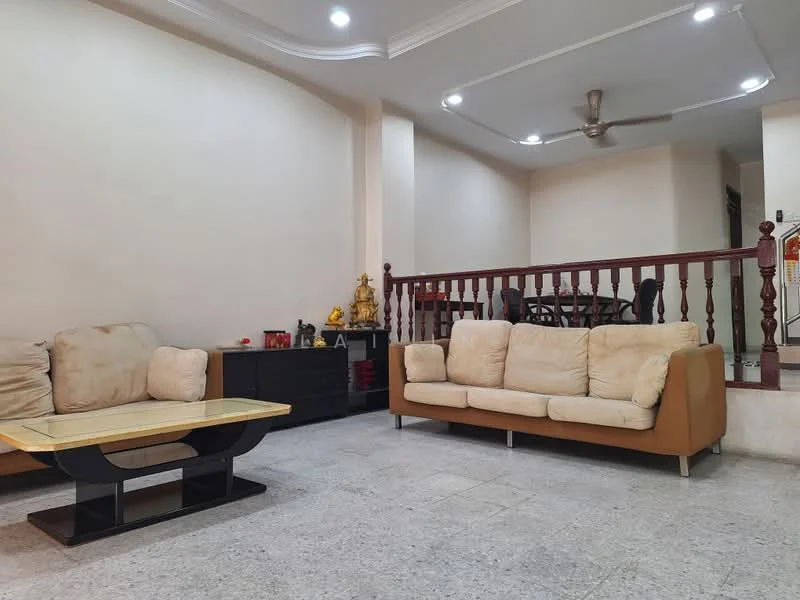 Living features: cream fabric sofa, brown leather sofa, glass coffee table, ceiling fan, recessed downlights, light-colored walls, tile flooring, wooden railing, decorative items on shelf; style: modern.