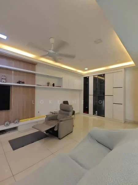 Living features: light-colored walls, recessed ceiling lights, 5-blade ceiling fan, large wall-mounted TV, built-in shelving unit, light wood cabinetry, white cabinetry, cream-colored floor tiles, recliner chair, decorative items on shelves, open space layout; style: modern.