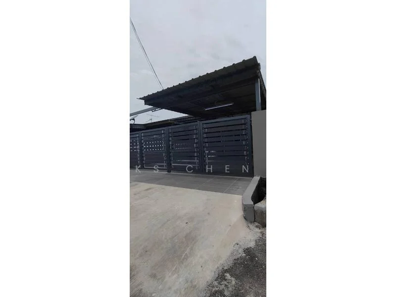 Exterior type: car porch; features: covered car porch, metal gate, grey painted walls, concrete flooring, roof overhang, modern design, sliding gate, paved driveway; style: modern.