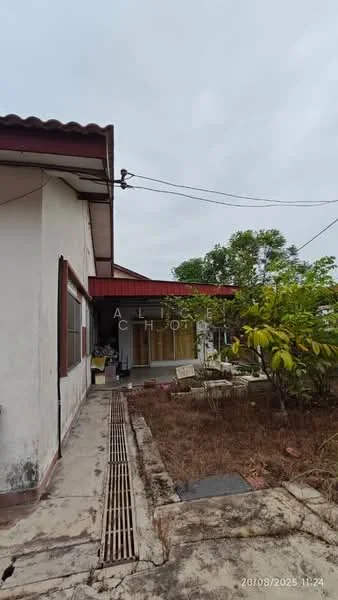 Exterior type: detached bungalow; features: single-storey, red pitched roof, white painted facade, concrete pathway, overgrown garden, visible drainage system, surrounded by greenery; style: traditional.