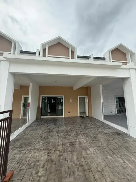 Exterior type: linked terrace house; features: white painted facade, cream accent walls, pitched roof, manicured walkway, large glass entrance, covered porch area, textured tile flooring, gabled roof design; style: modern.
