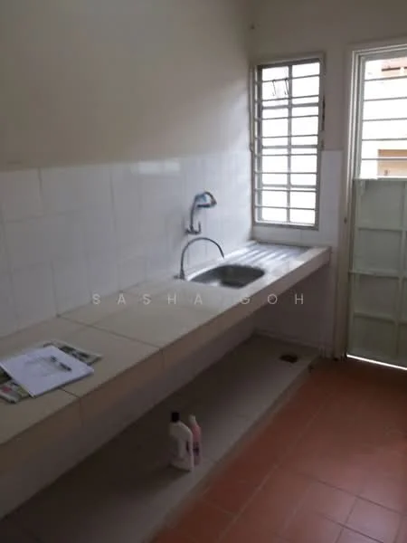 Laundry features: single-bowl stainless-steel sink, chrome pull-down faucet, white tiled walls, cream tiled countertop, red ceramic tile flooring, window with metal grille, door leading outside, shelf below sink.