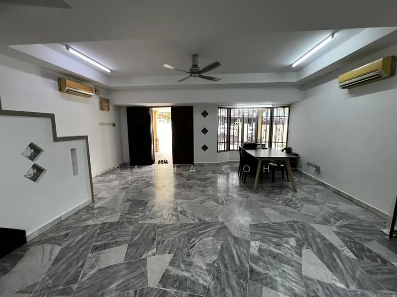 Living features: marble flooring, white painted walls, exposed ceiling with recessed lighting, 5-blade ceiling fan, 2 wall-mounted split AC units, large windows with security bars, black accent wall, dining table, open layout, decorative wall art; style: modern.
