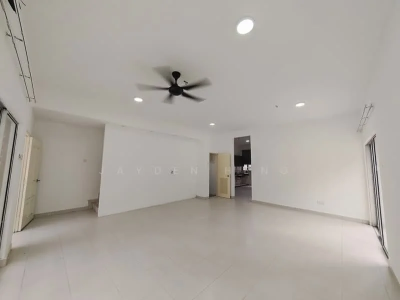 Living features: white painted walls, tile flooring, 5-blade ceiling fan with light, floor-to-ceiling windows, sliding glass door, natural light, open layout, neutral color scheme; style: modern.