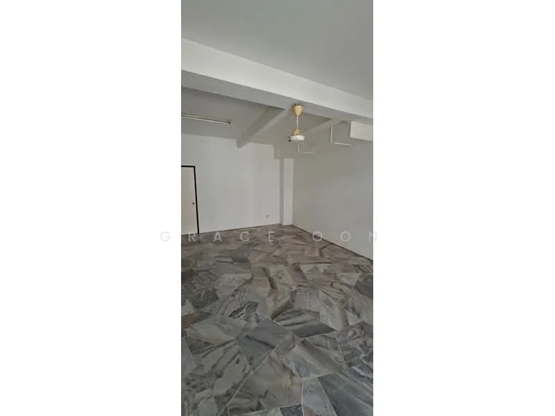Room features: grey marble flooring, white painted walls, exposed beams on ceiling, ceiling fan.