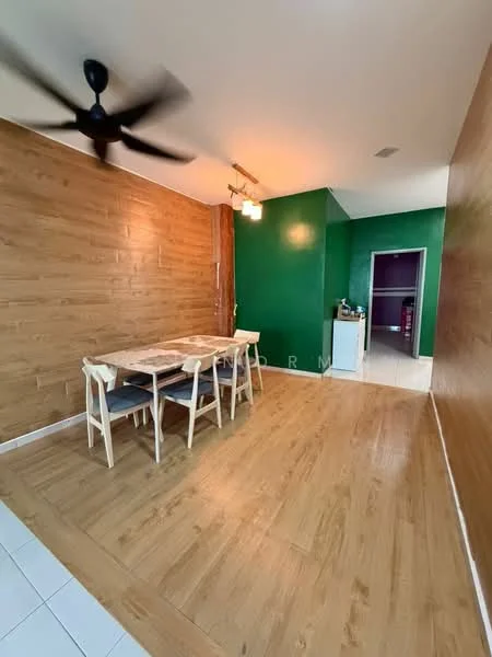 Dining features: wooden dining table, 4 white dining chairs, wood panel accent wall, green painted wall, ceiling fan, tile flooring, recessed lighting, open layout; style: modern. Room features: wood panel wall, tile flooring, green painted wall.