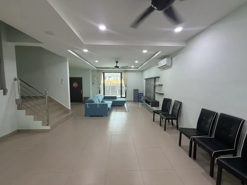 Living features: light grey painted walls, cream tiled flooring, recessed downlights, 5-blade ceiling fan, sofa in light blue, TV console, wall-mounted TV, open layout, large sliding glass door, curtains, decorative wall shelf, black dining chairs; style: modern; view: garden. Room features: staircase with metal railing, light grey painted walls, cream tiled flooring.