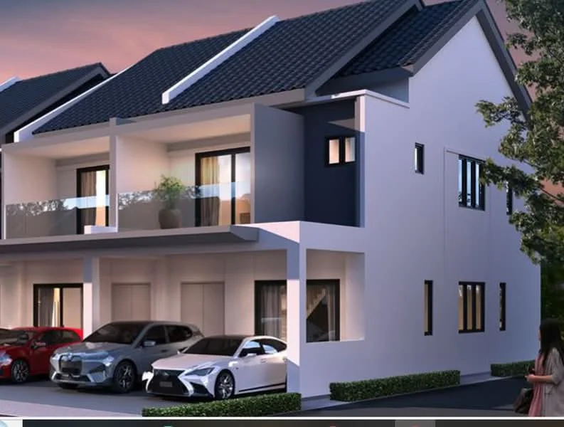 Exterior type: linked terrace house; features: white painted facade, dark grey accent wall, pitched tile roof, double-storey, front porch with parking space, landscaped garden with low hedges, large windows, balconies on upper level, modern architectural design; style: modern.