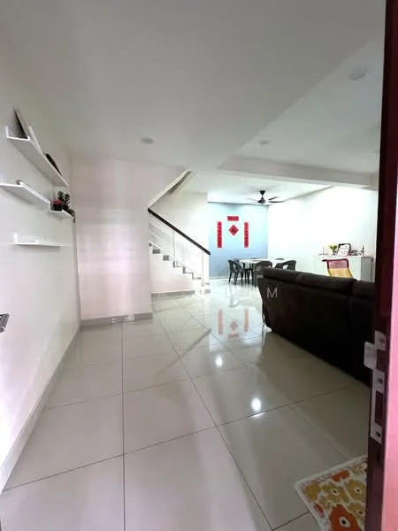 Living features: white painted walls, glossy tile flooring, 5-blade ceiling fan, sofa in dark brown leather, coffee table, dining table for 4, decorative wall art, open layout to dining area; style: modern. Hallway features: white painted walls, glossy tile flooring, open shelving, staircase with wooden railing; style: modern.
