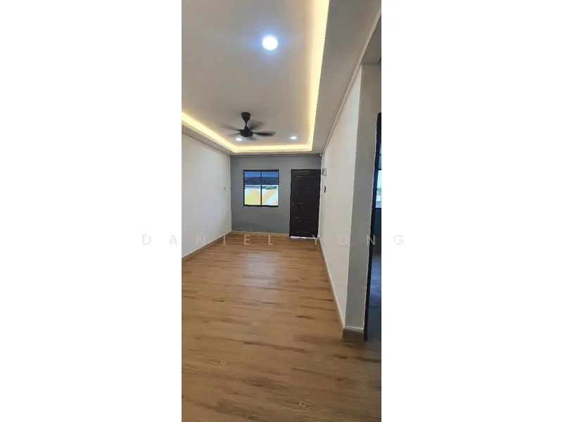 Room features: laminate wood flooring, white painted walls, recessed downlights, ceiling fan, single window with view, main entrance door, light-colored trim, neutral color palette; style: modern.