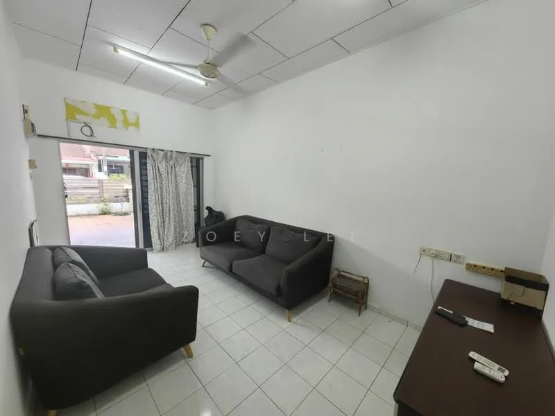 Living features: 2 grey fabric sofas, white painted walls, white tiled flooring, ceiling fan, curtains, coffee table, TV console, wall-mounted TV, decorative wall art, sliding glass door, outdoor view; style: modern.