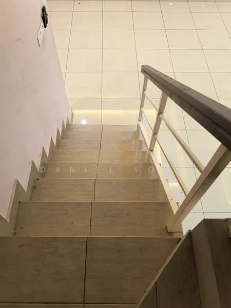 Room features: glossy white tile flooring, wooden staircase, handrail with metal balustrade, plain white walls, recessed lighting, stair treads with wood finish; style: modern.