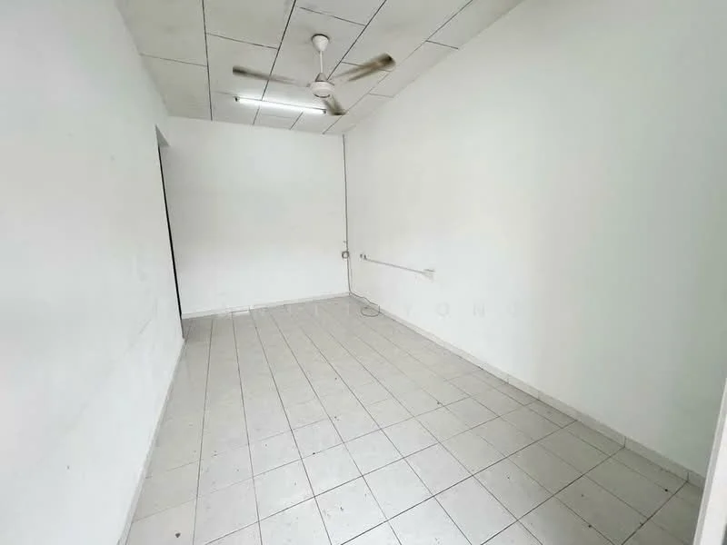 Room features: white painted walls, tile flooring, ceiling fan, no visible windows, empty space.