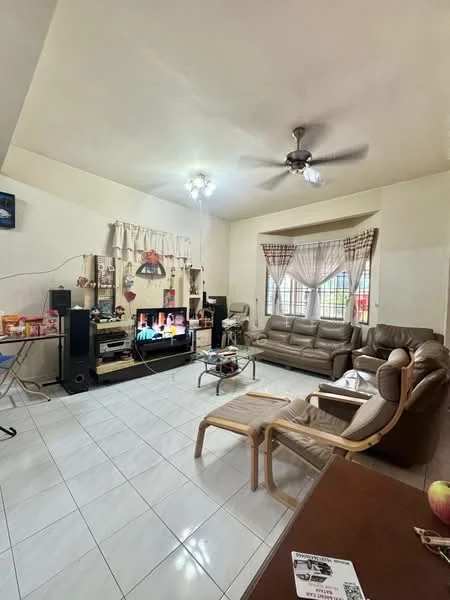 Living features: cream painted walls, white tiled flooring, 5-blade ceiling fan with light, sofa in brown leather, coffee table with glass top, TV console, wall-mounted TV, decorative curtains, area rug, side table, speakers, decorative wall art; style: traditional.