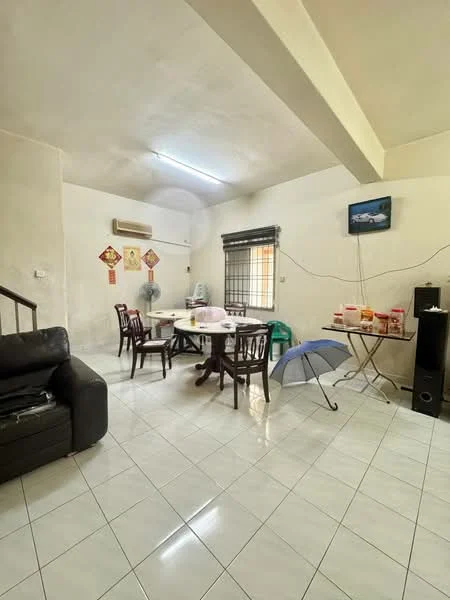 Living features: white painted walls, tile flooring, 5-blade ceiling fan with light, wall-mounted air conditioning unit, dining table with chairs, black leather sofa, TV mounted on wall, decorative wall art, curtains on window, open layout, floor-to-ceiling window, light-colored ceiling; style: modern.