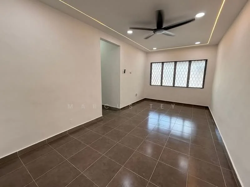 Room features: white painted walls, grey tiled flooring, 5-blade ceiling fan with light, floor-to-ceiling windows with security grilles, recessed LED downlights, neutral color scheme, no visible furniture; style: modern.