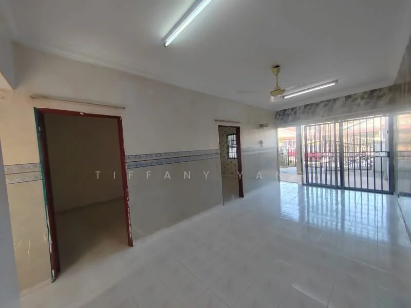 Room features: white painted walls, glossy white tile flooring, ceiling fan, sliding glass door, window with sheer curtains, decorative wall tiles, doorway leading to another room, doorway leading outside.