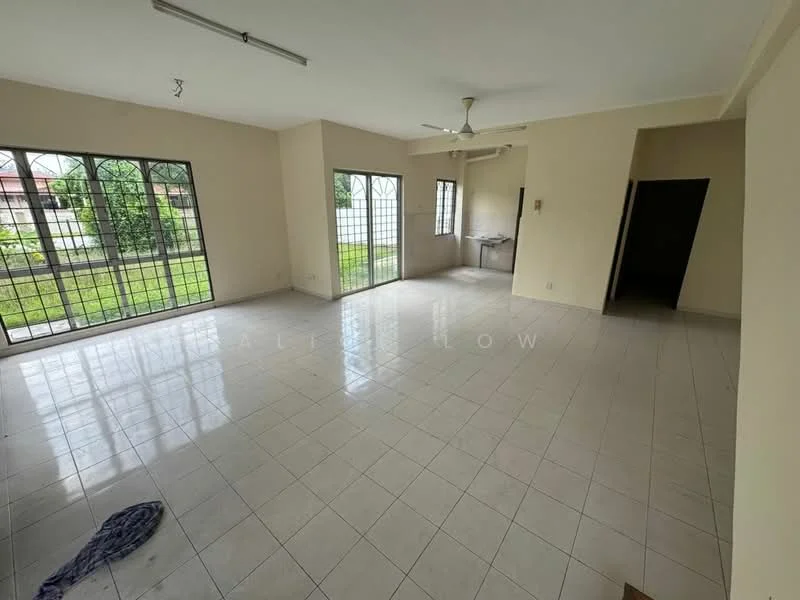 Living features: white painted walls, ceramic tile flooring, 5-blade ceiling fan, floor-to-ceiling windows, sliding glass door, natural light from windows, open layout, view of garden, neutral color scheme; style: modern; view: garden. Kitchen features: kitchen area visible, wall-mounted cabinets, countertop space, sink area, natural light from window; style: modern; view: garden. Room features: doorway leading to another room, neutral color scheme.