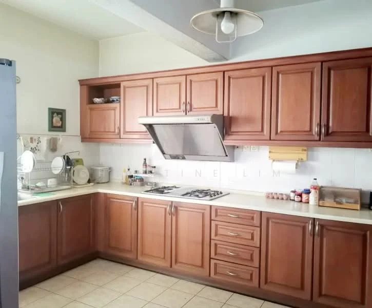Kitchen features: brown wooden cabinetry, granite countertop, stainless-steel range hood, 4-burner gas hob, double-bowl stainless-steel sink, wall-mounted mirror, ceramic tile flooring, white tiled backsplash, recessed lighting, kitchen utensils on countertop, built-in shelves, window above sink; style: traditional.
