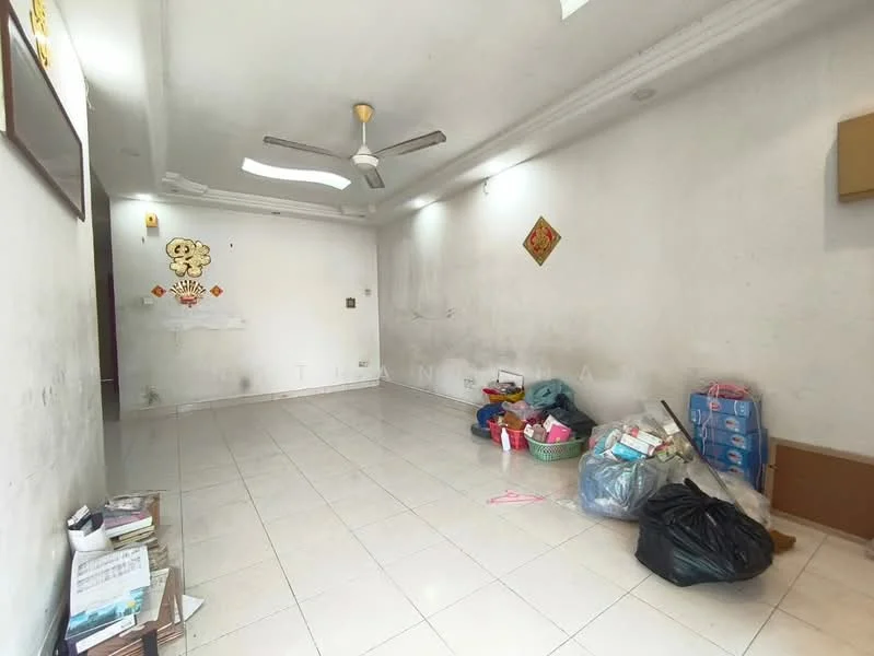 Room features: white painted walls, glossy white tile flooring, ceiling with recessed lighting, 5-blade ceiling fan, decorative wall art, cluttered with various items.