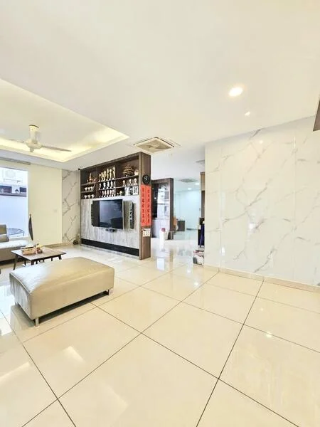 Living features: white marble tile flooring, cream painted walls, tray ceiling with recessed lighting, 5-blade ceiling fan with light, wall-mounted TV, wooden feature wall with display shelves, decorative trophies on shelves, open layout to adjacent room; style: modern.