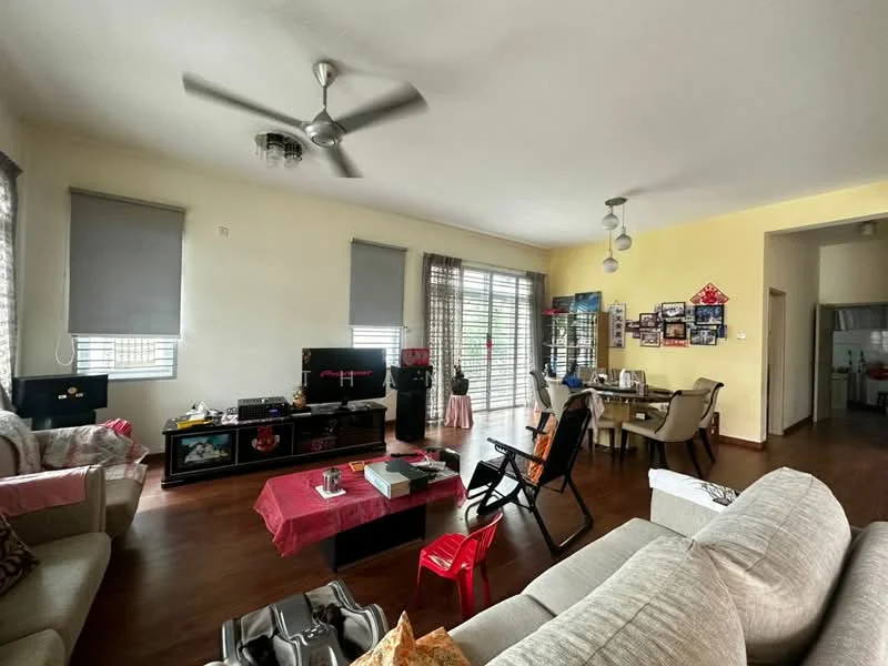 Living features: 5-blade ceiling fan with light, sofa in light grey fabric, coffee table, TV console, wall-mounted TV, area rug, laminate flooring, large windows with roller blinds, decorative wall art, dining table with chairs, open layout to kitchen; style: modern. Kitchen features: open-plan layout, kitchen counter, cabinets, stainless-steel appliances, tile flooring; style: modern.