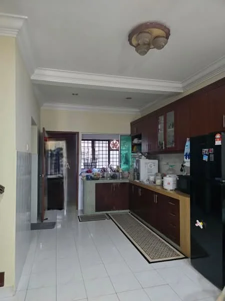 Kitchen features: brown wooden cabinetry, black refrigerator, stainless-steel sink, chrome pull-down faucet, laminate countertop, white tiled backsplash, ceramic tile flooring, recessed ceiling lights, window with grid pattern, kitchen island, decorative rug, open shelving, wall-mounted cabinets; style: modern.