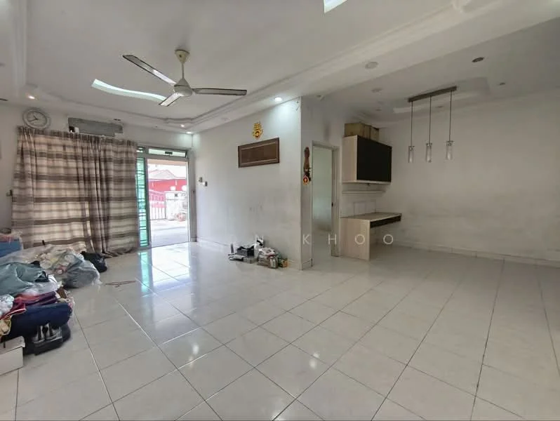 Living features: white painted walls, polished ceramic tile flooring, tray ceiling, 5-blade ceiling fan with light, floor-to-ceiling sliding glass door, curtains, recessed downlights, built-in cabinetry, open layout, area rug, decorative wall clock; style: modern.