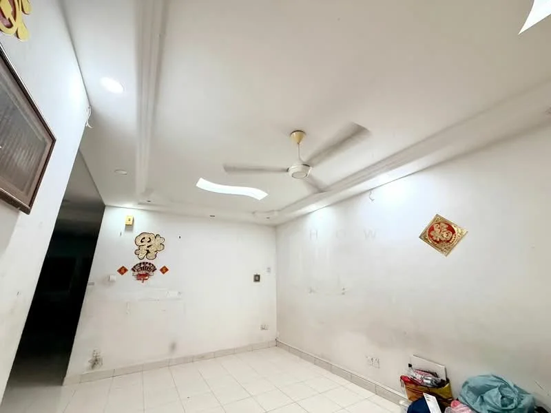 Room features: white painted walls, ceiling with recessed lighting, ceiling fan, tile flooring, decorative wall art, skylight, corner electrical outlet.