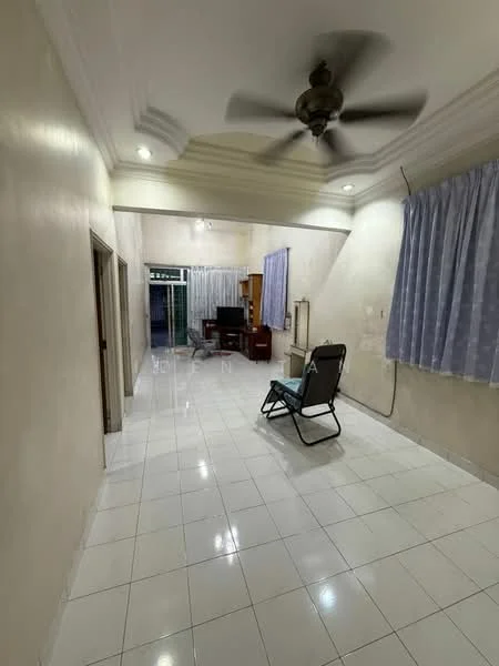 Living features: white painted walls, glossy white tile flooring, tray ceiling with recessed lighting, 5-blade ceiling fan, curtains on windows, single armchair, TV console, computer desk, open layout, natural light from windows; style: modern.
