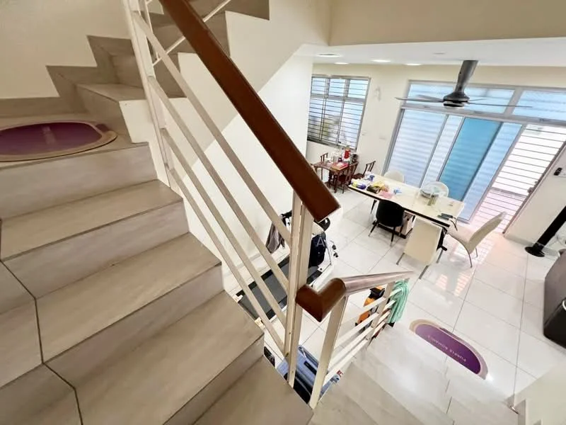 Staircase features: white painted walls, light-colored tile flooring, wooden handrail, metal railing, natural light from windows; style: modern; view: dining area. Dining features: dining table with chairs, white walls, large windows, tile flooring, ceiling fan, decorative items on table; style: modern; view: outdoor.