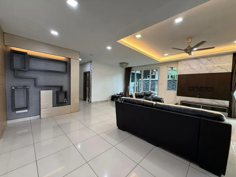 Living features: white painted walls, marble accent wall, recessed ceiling with LED lighting, 5-blade ceiling fan, large sliding glass doors, floor-to-ceiling windows, polished ceramic tile flooring, black leather sofa, TV console, decorative wall feature, area rug; style: modern; view: garden.