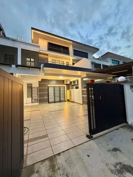 Exterior type: semi-detached house; features: two-storey structure, white painted facade, grey accent wall, sliding glass doors, floor-to-ceiling windows, porch area with tiles, outdoor lighting, air conditioning units visible, gated entry, manicured landscaping, car porch with awning; style: modern.