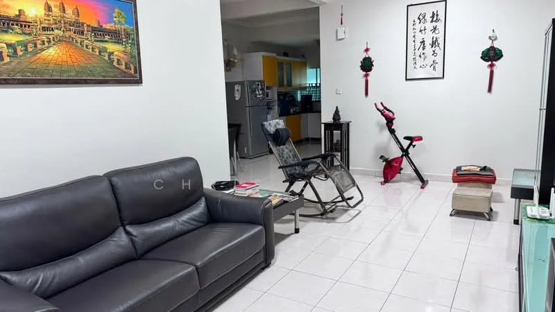 Living features: black leather sofa, white tiled flooring, wall-mounted artwork with landscape, reclining chair, glass coffee table, decorative wall hangings, TV console, green plant in pot, open layout to kitchen, light-colored walls; style: modern.